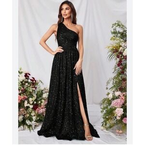 FAERIESTY Black Sequin One Shoulder High Slit Formal Evening Gown Maxi Dress L